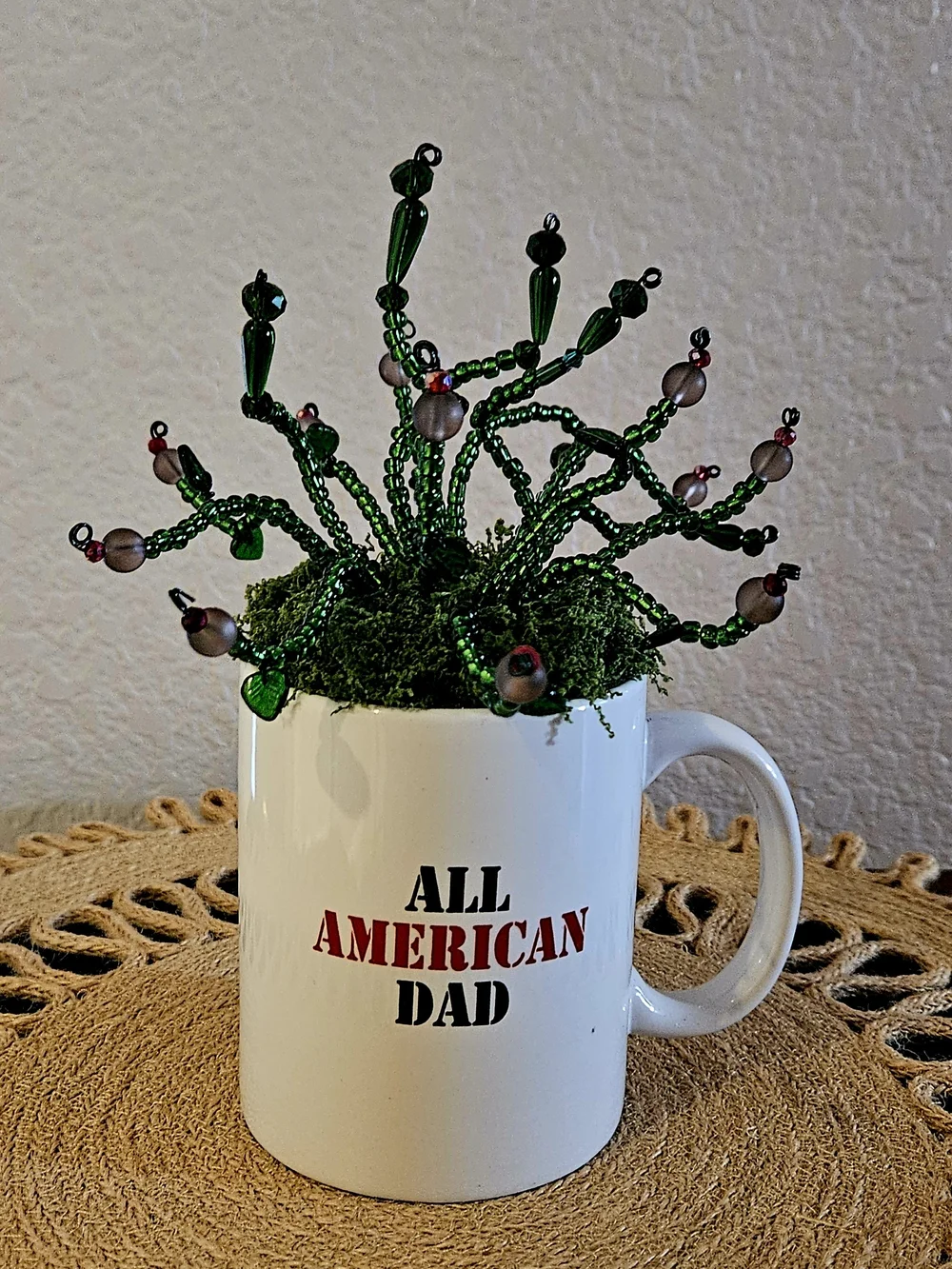 All American Dad White Ceramic Mug with Green Beaded Succulent